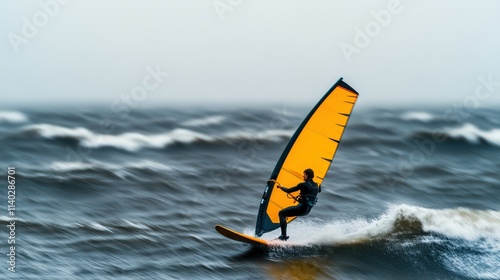 A dynamic windsurfer expertly navigating the ocean waves under a vibrant yellow sail, showcasing the thrill of water sports.
