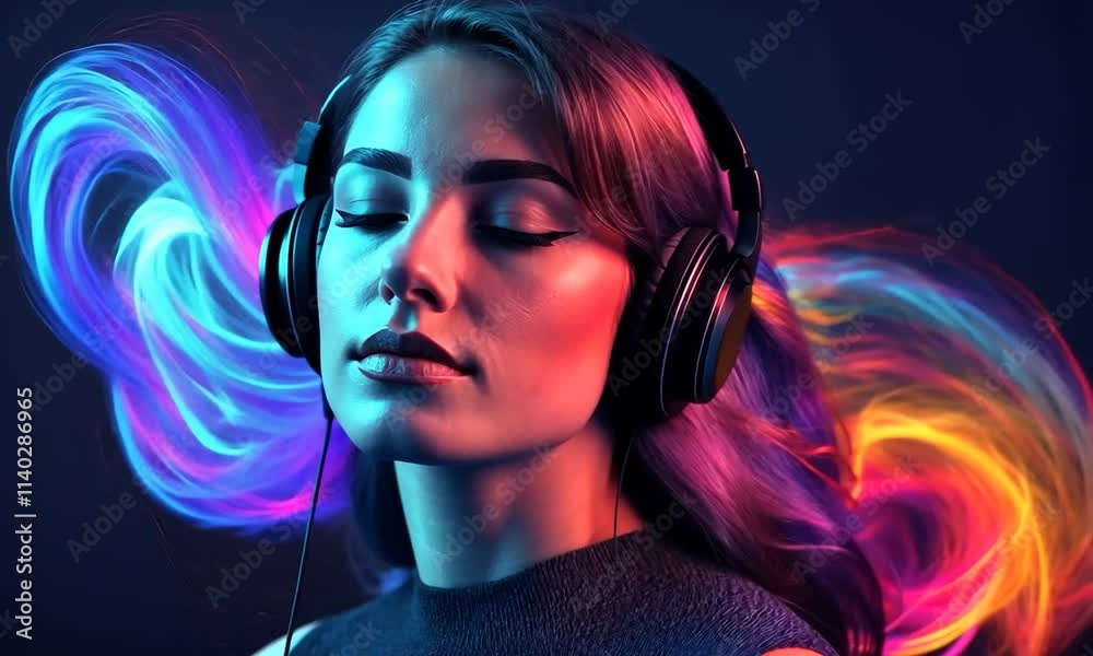 Young woman listening to music surrounded by abstract background and colorful wavy smoke. Music party promotional video. Colorful dynamic sound waves and abstract digital light effects.