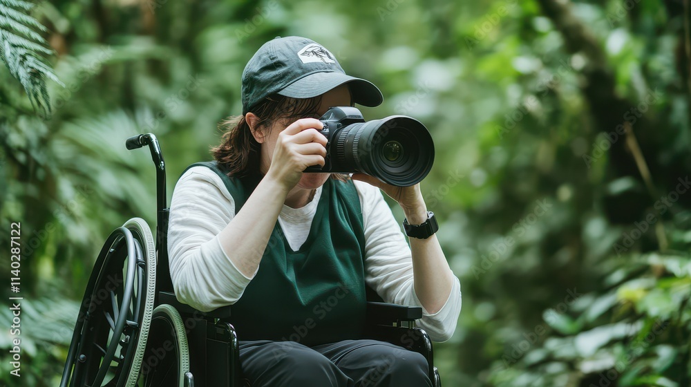 Obraz premium A photographer in a wheelchair captures nature with a camera, surrounded by vibrant greenery in a tranquil environment.