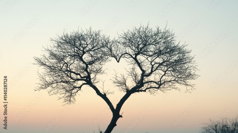 A unique tree with branches forming a heart shape against a soft, pastel sky at sunset, symbolizing love and nature's beauty. A unique tree with branches forming a heart shape against a soft, pastel sky at sunset, symbolizing love and nature's beauty.