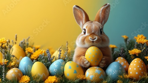 create realistic phtoto style easter day card flat design of rabbit hold easter egg on hand at the center of frame photo