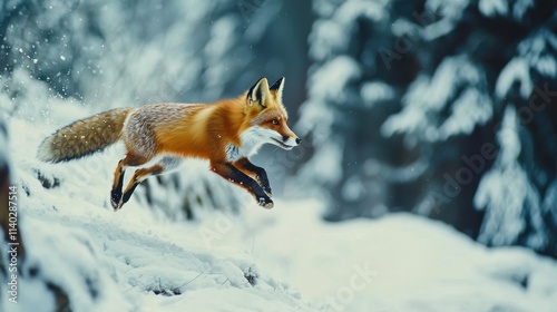 A vibrant red fox gracefully leaps through a snowy landscape, showcasing its agility and beauty in the cold winter setting. photo