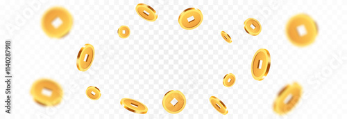 Realistic gold Chinese coins png. Gold coins explosion png. Gold Chinese coins falling from the sky. Victory, easy money.