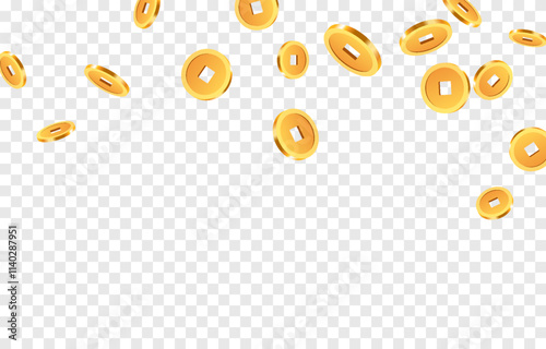 Realistic gold Chinese coins png. Gold coins explosion png. Gold Chinese coins falling from the sky. Victory, easy money.