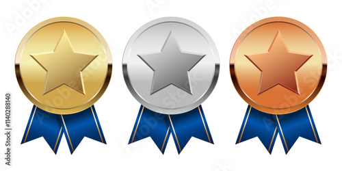 Golden silver and bronze award medal with blue ribbons and star for sport and games