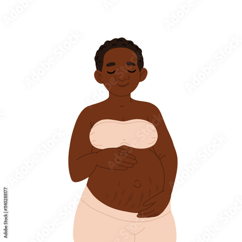 Pregnancy. Pregnant african black skin woman touching her belly with birthmark streches. Motherhood. Happy Mother's Day. Pretty women with tummy. Hand drawn flat cartoon vector illustration