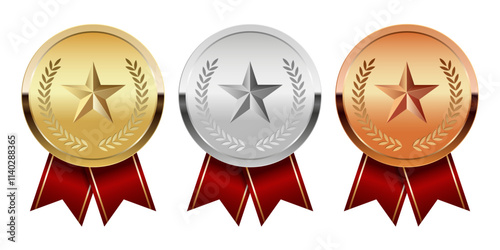 Golden silver and bronze award medal with red ribbons and star for sport and games