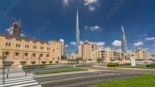 Amazing view of Dubai Skyline timelapse hyperlapse. Residential and Business Skyscrapers in Downtown photo