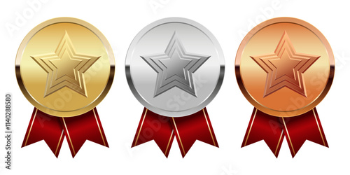 Golden silver and bronze award medal with red ribbons and star for sport and games