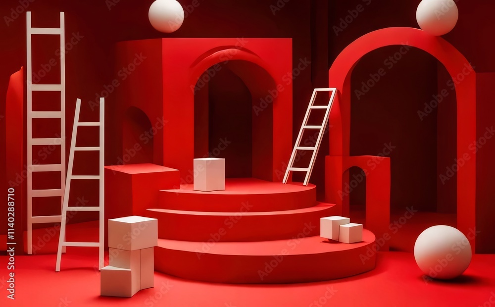 Red abstract scene with white ladders, cubes, spheres, and arches. Red abstract scene with white ladders, cubes, spheres, and arches.