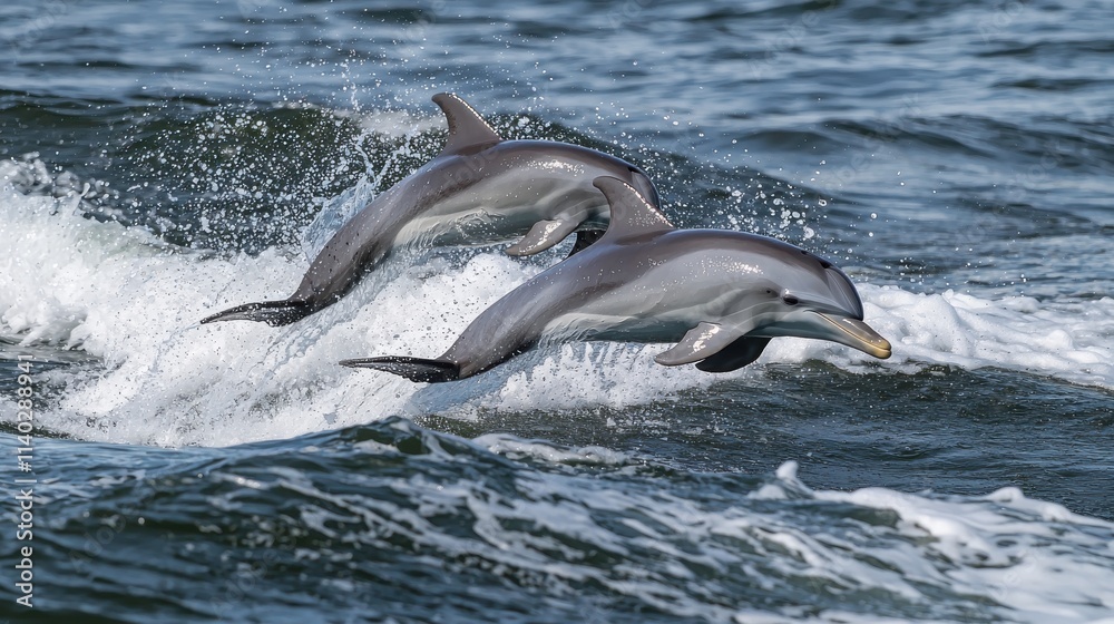 Obraz premium Two dolphins gracefully leap from the ocean waves, showcasing their agility and playful nature in a serene marine environment.
