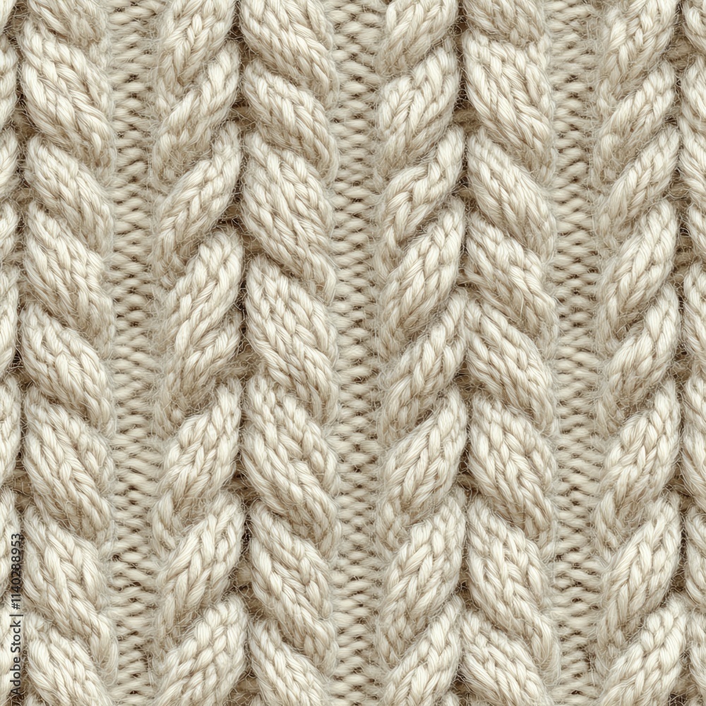 Close-up of a textured cream knit pattern showcasing intricate cable design. Close-up of a textured cream knit pattern showcasing intricate cable design.