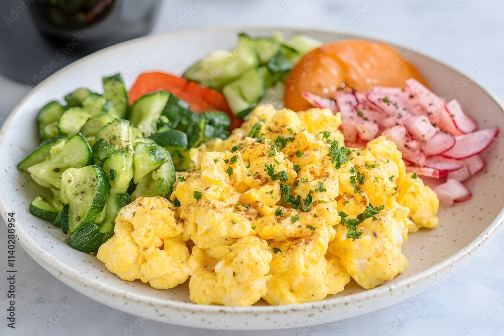 A colorful plate featuring scrambled eggs, fresh vegetables, and herbs. A colorful plate featuring scrambled eggs, fresh vegetables, and herbs.