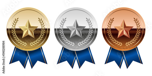 Golden silver and bronze glossy mirror medal with blue ribbons and star for sport and games