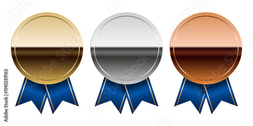 Golden silver and bronze glossy mirror medal with blue ribbons for sport and games