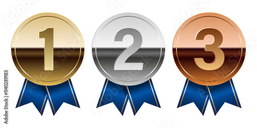 Golden silver and bronze glossy mirror medal with blue ribbons for sport and games