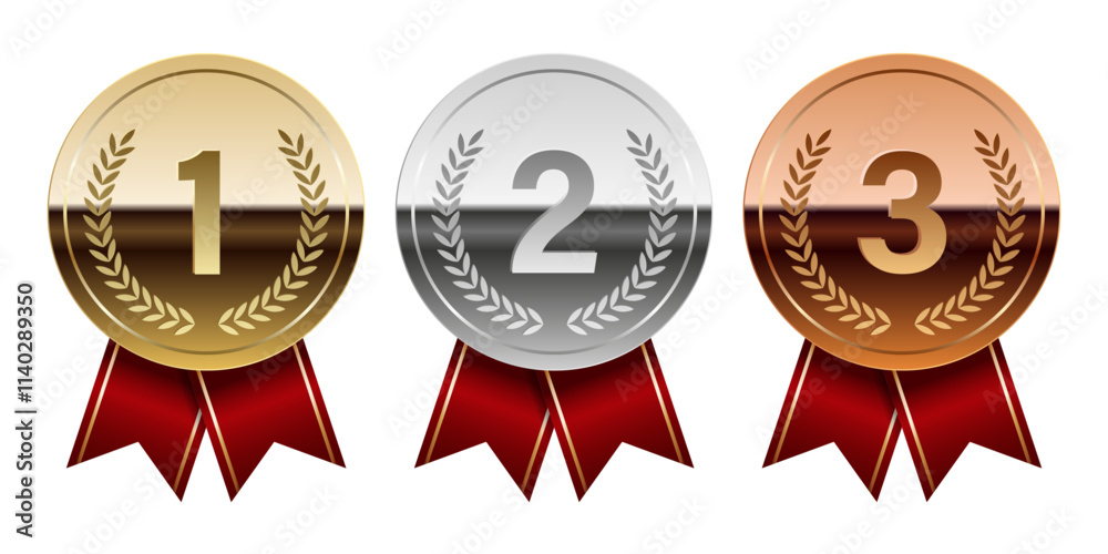 Golden silver and bronze glossy mirror medal with red ribbons for sport and games Golden silver and bronze glossy mirror medal with red ribbons for sport and games