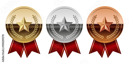 Golden silver and bronze glossy mirror medal with red ribbons and star for sport and games