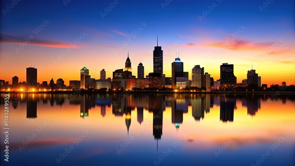 Obraz premium Silhouette Montreal skyline at dusk reflecting in water