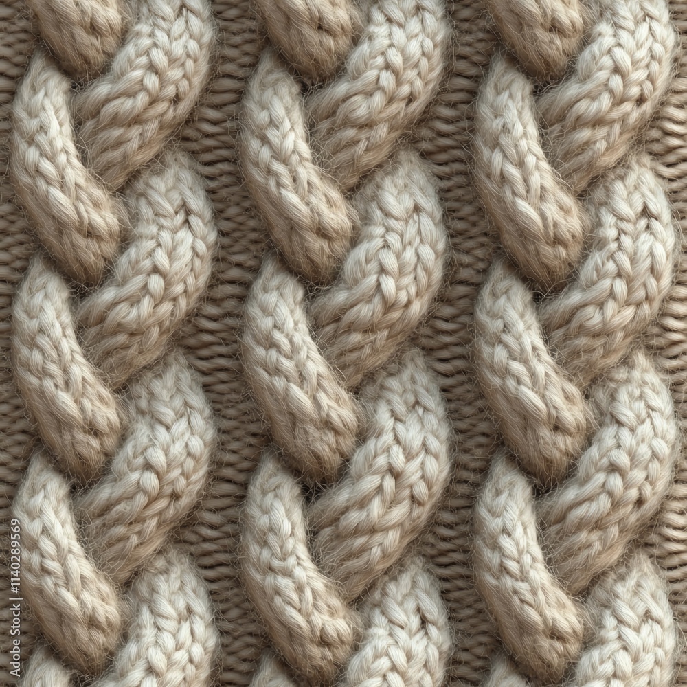 Close-up texture of beige knitted braid pattern, showcasing intricate woven design.