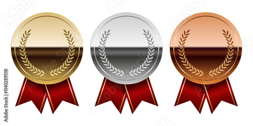 Golden silver and bronze glossy mirror medal with red ribbons for sport and games