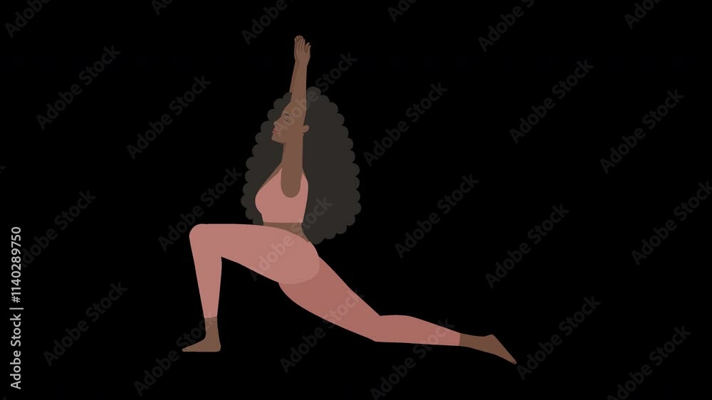 Animated illustration of a brown woman doing asana yoga virabbhadrasana pose Animated illustration of a brown woman doing asana yoga virabbhadrasana pose