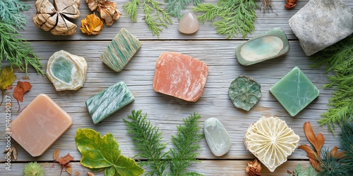 An array of natural soaps and stones showcases organic beauty and tranquility in a rustic setting. photo