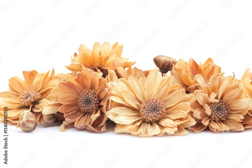 Dried chrysanthemum flowers on a white backdrop ideal for tea promotion