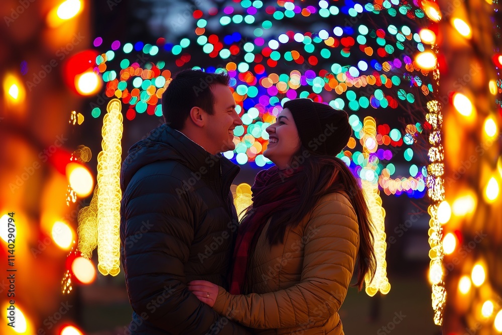 A couple embracing each other while surrounded by twinkling holiday lights, exuding warmth and joy. A couple embracing each other while surrounded by twinkling holiday lights, exuding warmth and joy.
