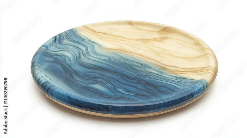 A polished round wooden plate with a modern abstract design, featuring pastel blue and cream swirls, clean lines, and smooth textures, placed on a clear white background for perfect separation --chaos