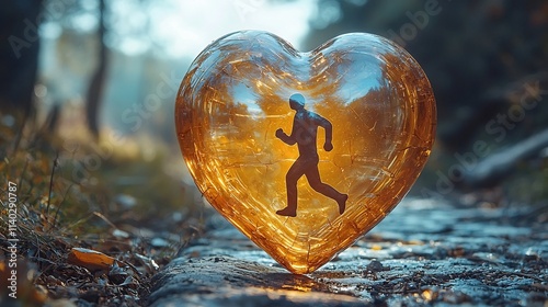 Glowing Heart Shaped Vessel Encapsulating Running Figure in Serene Outdoor Setting photo