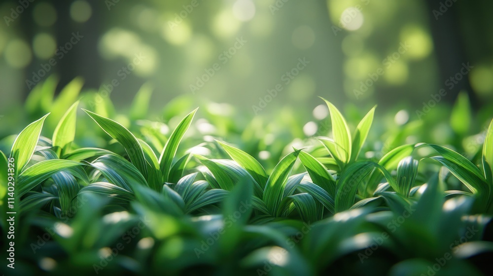 Obraz premium Lush green plants illuminated by sunlight in a forest.