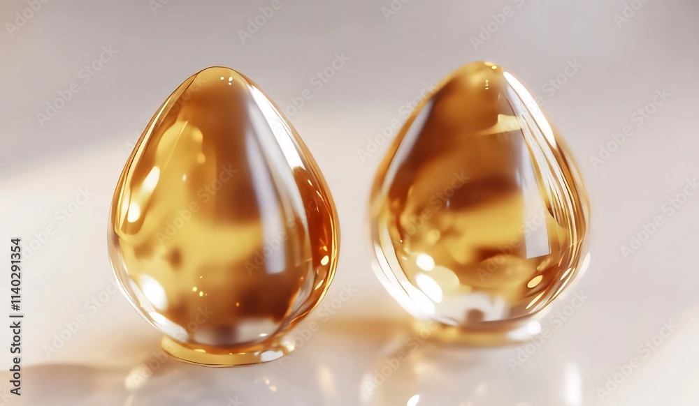 Two amber teardrop-shaped glass objects on white background. Two amber teardrop-shaped glass objects on white background.