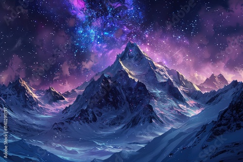 the night sky over a snowy mountains