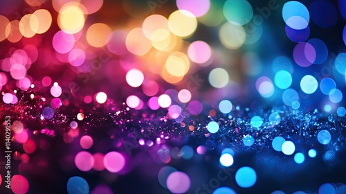 A dreamy and magical abstract background featuring a luminous bokeh effect with iridescent, holographic light circles and spheres. The image showcases glowing, multicolored sparkles 