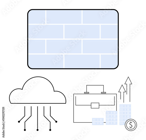 Cloud network connected to nodes, blockchain theme, briefcase beside coins and graph showing growth. Ideal for business development, cloud computing, finance, technology, blockchain, investment