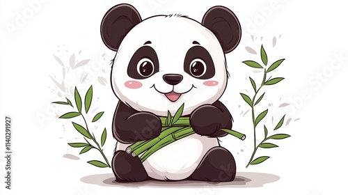 A cute cartoon panda holding a stalk of bamboo. photo