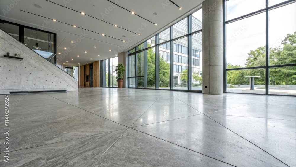 Large, modern, empty office lobby with polished concrete floor, concrete pillars, and large windows looking out onto a green space with trees and a table Large, modern, empty office lobby with polished concrete floor, concrete pillars, and large windows looking out onto a green space with trees and a table