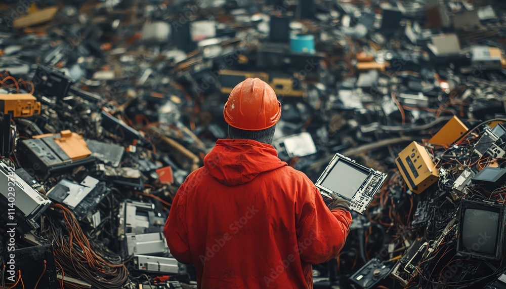 A worker carefully handling broken electronics in a crowded ewaste facility A worker carefully handling broken electronics in a crowded ewaste facility
