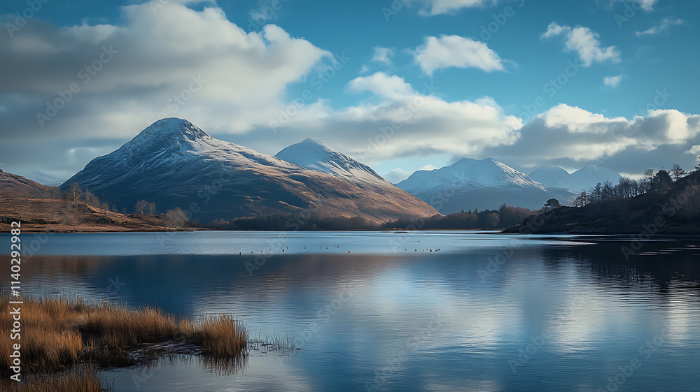 Breathtaking landscape with snow-capped mountains under a partly cloudy blue sky,a calm body of water in the foreground reflecting the rugged terrain,and a tranquil and unspoiled wilderness atmosphere