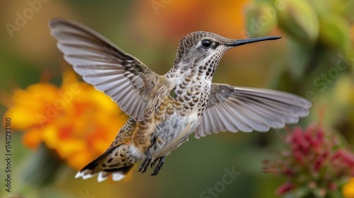 Hummingbird in graceful mid-flight surrounded by vivid blooming flowers