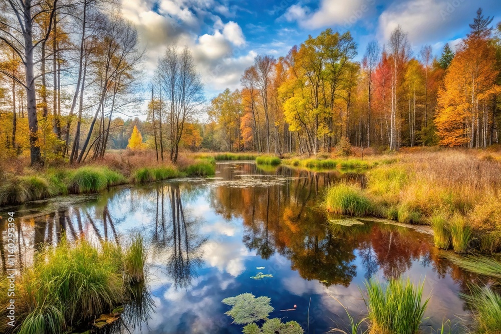 Silhouette of a marshy Eastern European woodland in autumn fall Silhouette of a marshy Eastern European woodland in autumn fall