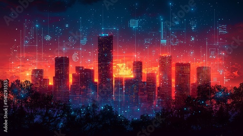 Futuristic cityscape illuminated by a glowing digital network during sunset