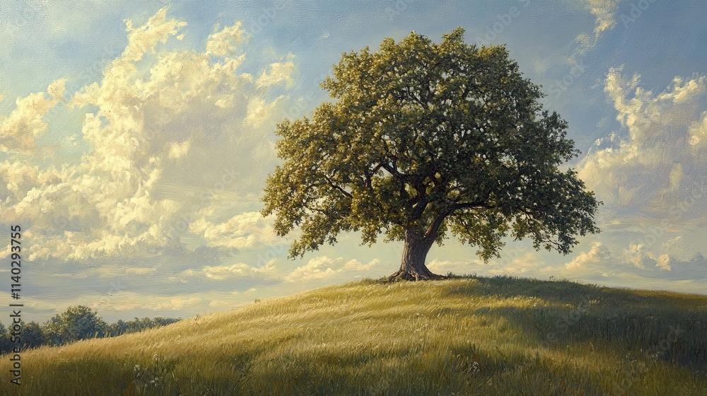 Fototapeta premium Serene sycamore tree on gentle hill nature landscape vibrant sky tranquil environment scenic viewpoint