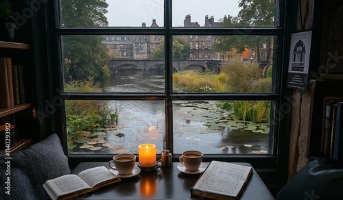 AI generator image of view from the window of an old coffee shop ,cafe on Street, city center, with a cup tea or coffee on a table outside looking out, looking at  waterfall