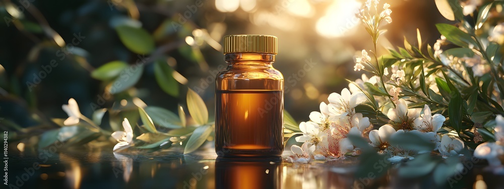 A brown glass bottle with a golden cap, filled with essential oil and surrounded by flowers and plants on the right side of the image A brown glass bottle with a golden cap, filled with essential oil and surrounded by flowers and plants on the right side of the image