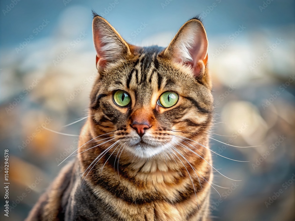 Obraz premium Brown Tabby Mackerel Cat Portrait, Cute Domestic Short Hair, Feline Photography, Pet Image, Animal Photo, Cat Pictures, Brown Mackerel Tabby Cat
