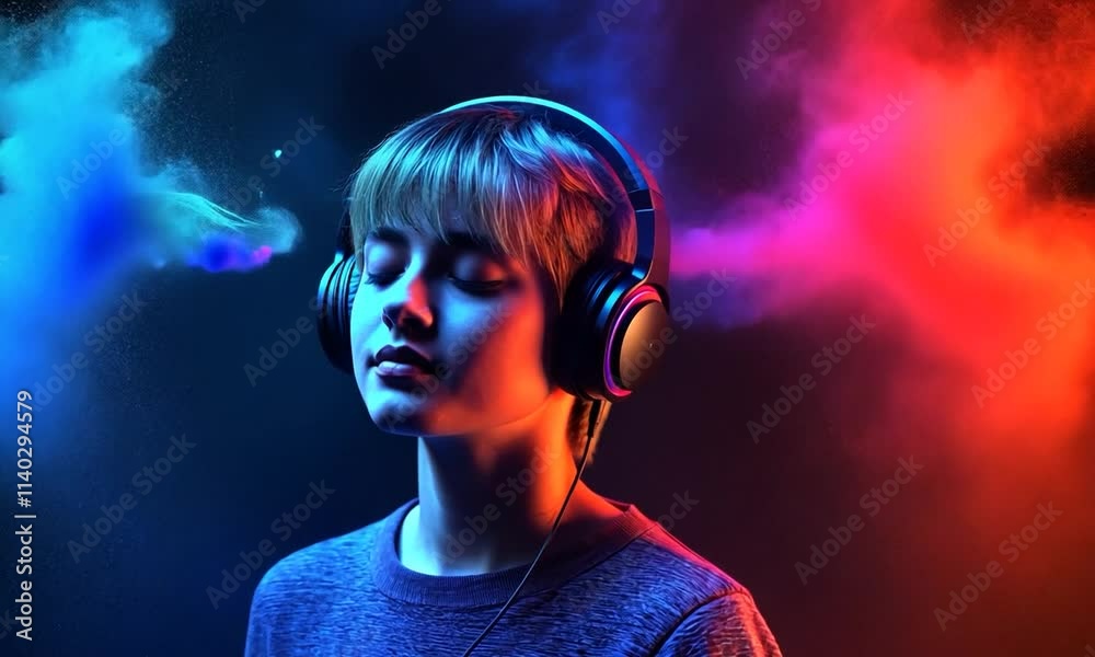 Young boy listening to music surrounded by abstract background and colorful wavy smoke. Music party promotional video. Colorful dynamic sound waves and abstract digital light effects.