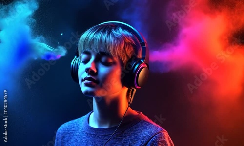 Young boy listening to music surrounded by abstract background and colorful wavy smoke. Music party promotional video. Colorful dynamic sound waves and abstract digital light effects.