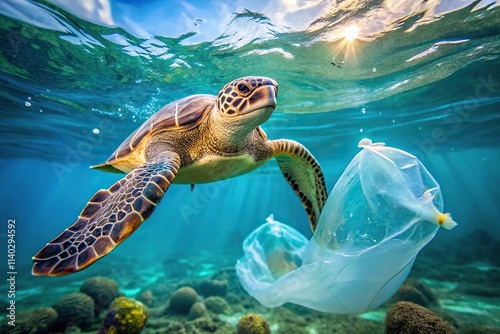 Silhouette of a turtle swimming in ocean polluted with plastic garbage